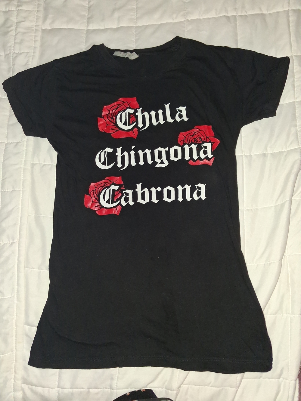 Black Graphic Women’s Tee with Red Rose Script